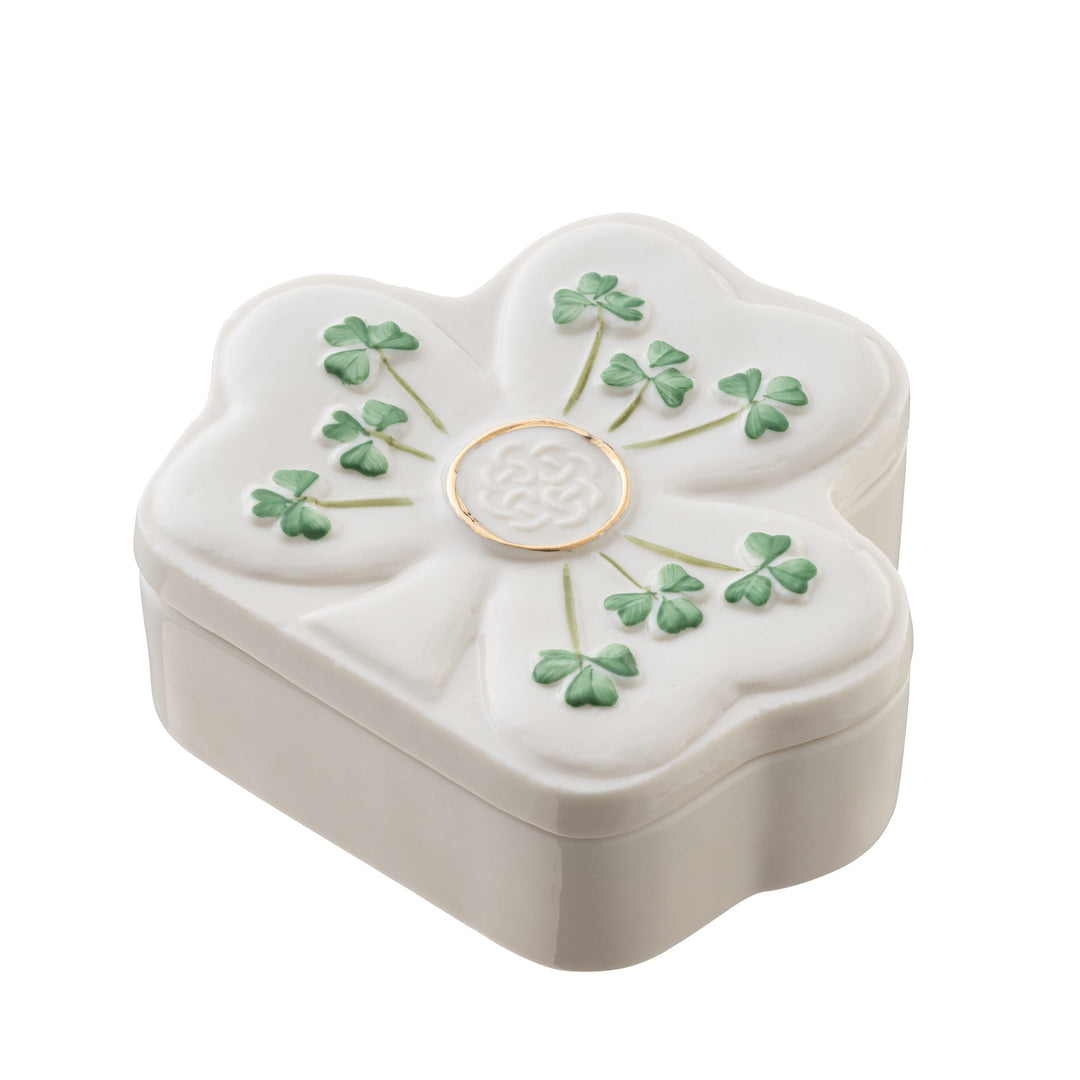 Belleek Classic Shamrock Shaped Trinket Box