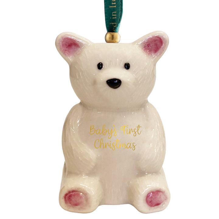 Belleek Classic Teddy Bear Baby's First Christmas Ornament Pink