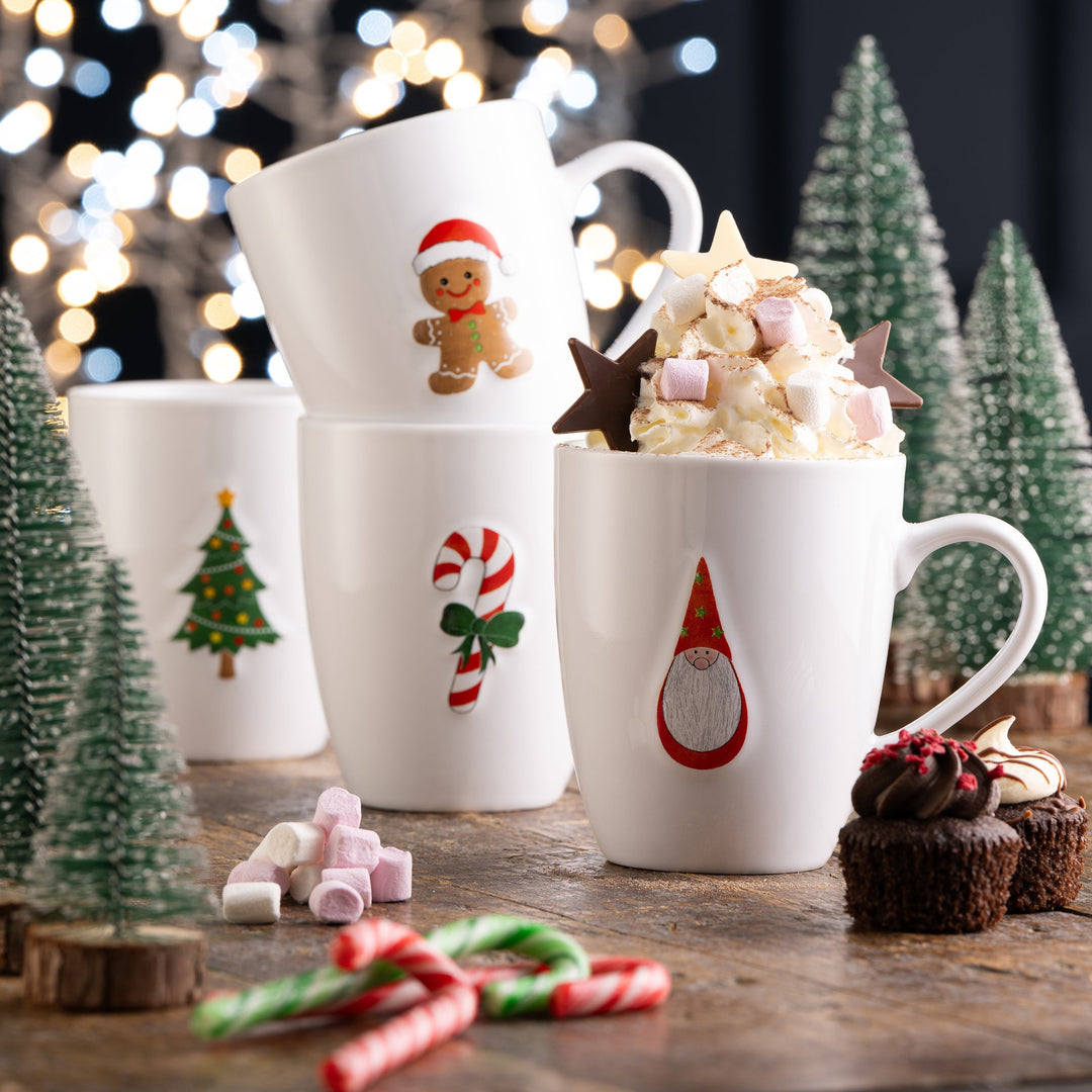 Belleek Living Christmas Motif Embossed Mugs Set of 4