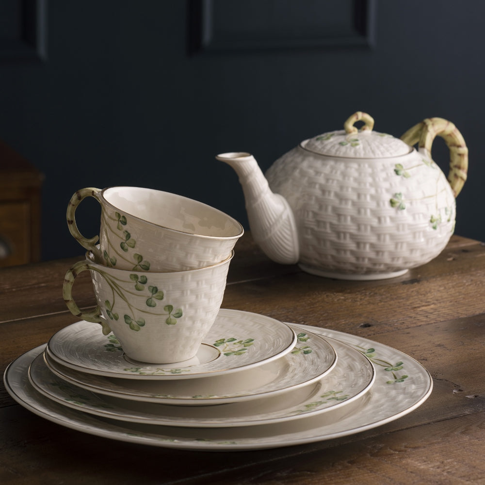 Belleek-Classic-1880---Gold-Shamrock-Teapot-Sugar-and-Cream-Set