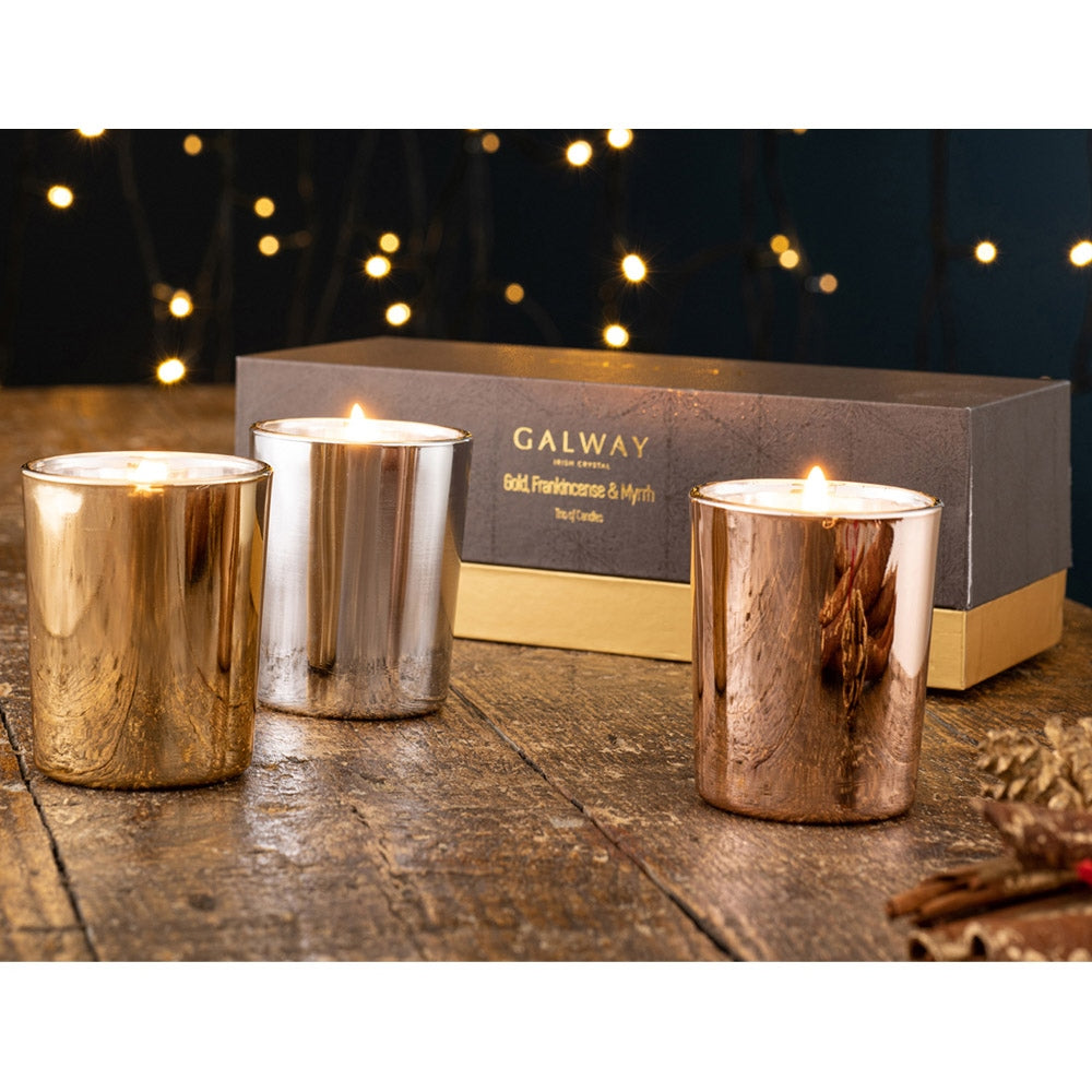 Galway-Crystal-Gold,-Frankincense-&-Myrrh-Candle-Trio