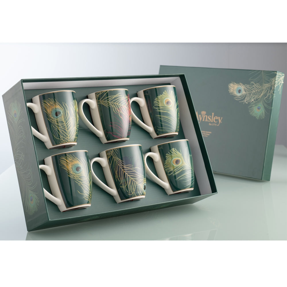 Aynsley Peacock Feather Mugs Set of 6 in Hat Box