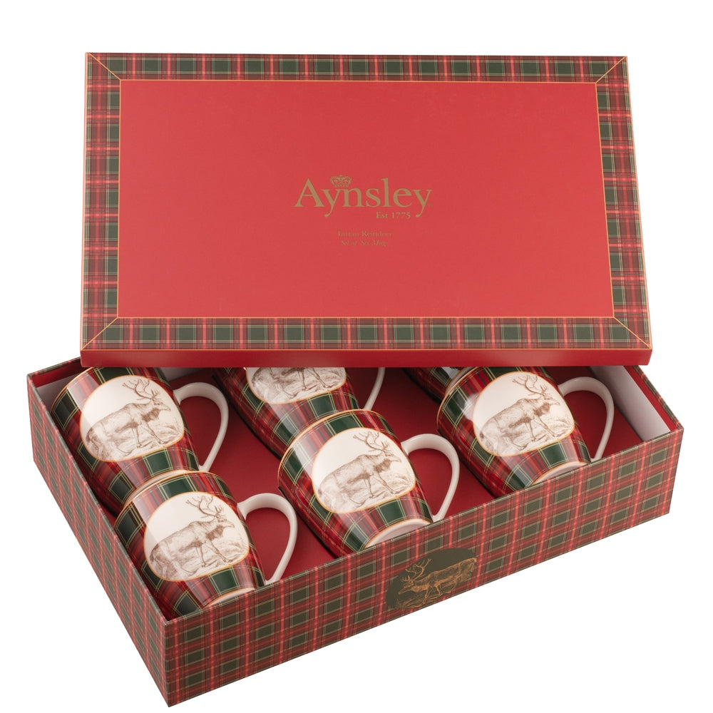 Aynsley Tartan Reindeer Set of 6 Mugs