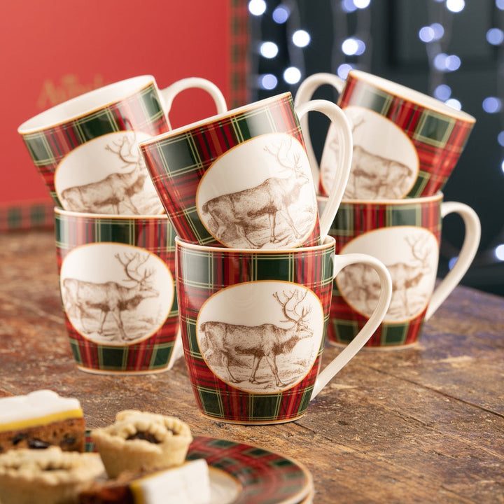 Aynsley Tartan Reindeer Set of 6 Mugs