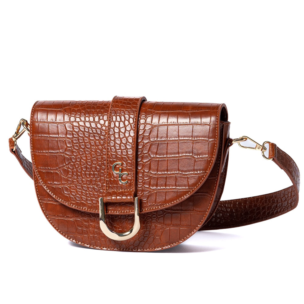 Galway Crystal Fashion Saddle Bag Tan Croc Detail