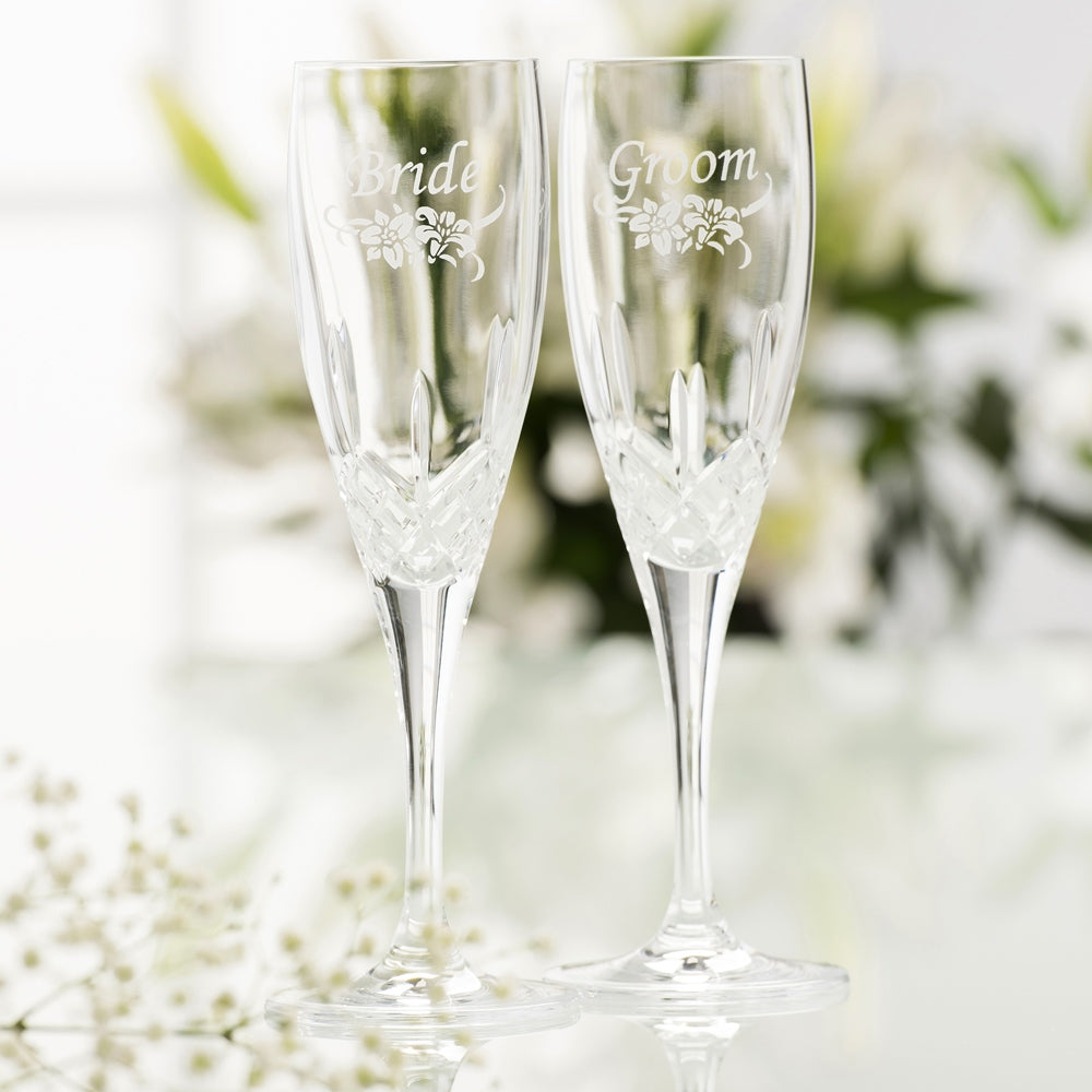 Galway Crystal Floral Bride & Groom Flute Pair